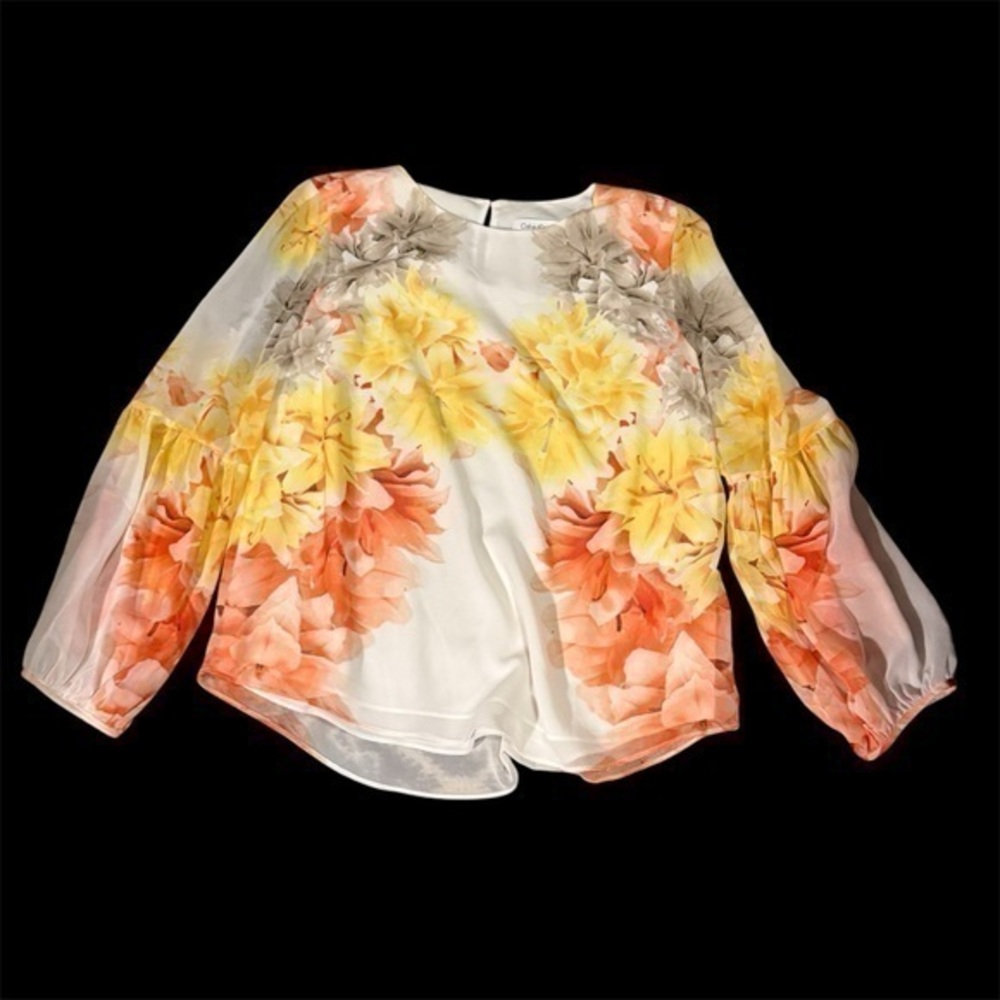 Calvin Klein orange yellow floral flowy blouse